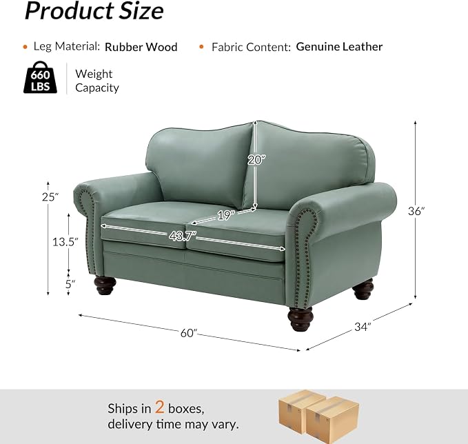 60" Wide Genuine Leather Chesterfield Loveseat, 2 Seat Leather Sofa - Image 2