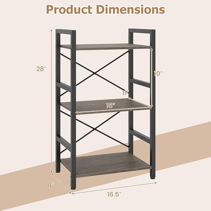 Tangkula 3-Tier Industrial Bookshelf, 16.5" Width Wooden Open Bookcase - Image 3