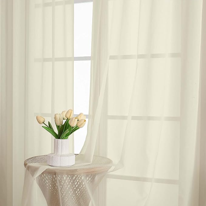 OWENIE Cream Sheer Curtain 90 Inches Long 2 Panels Set, Solid Filmy Drapes - Image 6