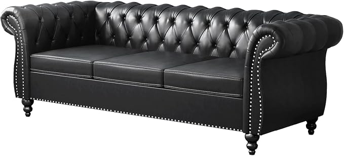 Mid-Century 3 Seater Sofa, Faux Leather Couch - Image 6