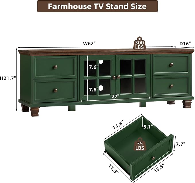 SAVOR LIFE Farmhouse TV Stand for Living Room, Rustic Green Entertainment Center - Image 2