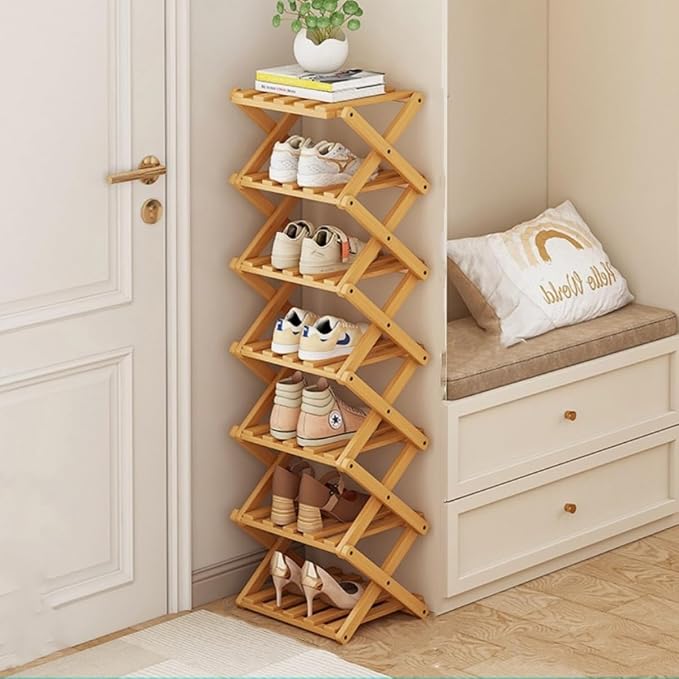 Foldable Shoe Rack, Bamboo Vertical Shoe Organizer Tall by XZXWZX