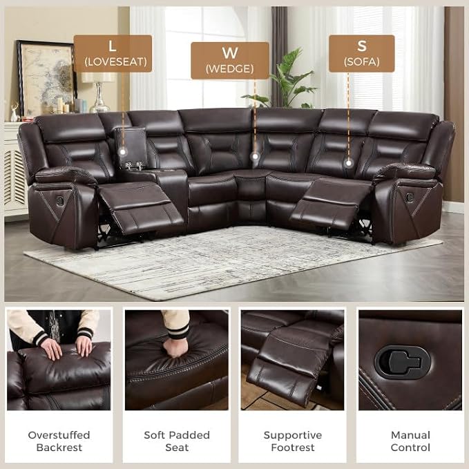 EBELLO Faux Leather Reclining Sectional Sofa Set - Image 3
