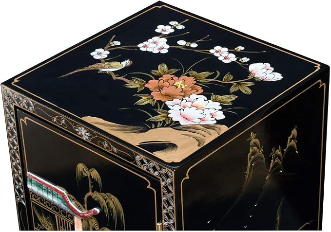 Black Lacquer Mother of Pearl Chinese Pedestal Cabinet - Image 5