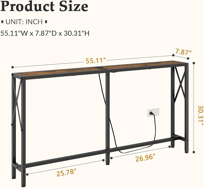 Gewudraw Console Table with Oulets and USB Ports, 55.1" Sofa Table Behind Couch - Image 3