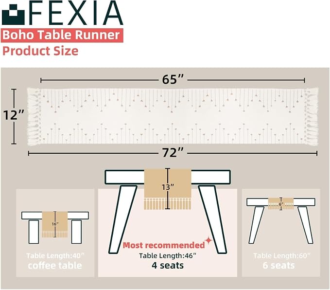 FEXIA Boho Table Runner with Tassels 72 Inches Long - Image 2