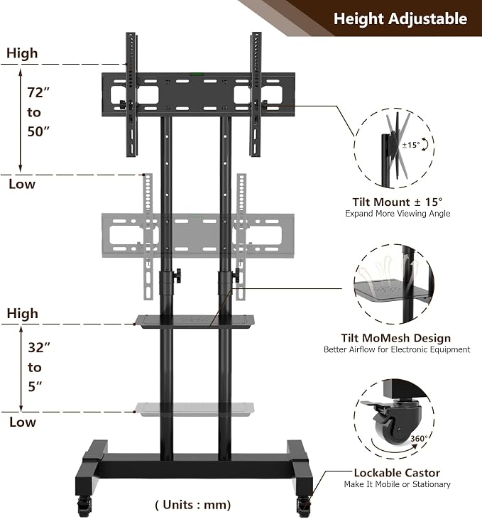 Mobile TV Stand Rolling TV Cart Floor Stand - Image 5