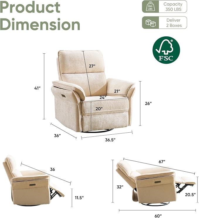 Power Swivel Rocker Recliner, Glider Recliner Nursery Chair - Image 2