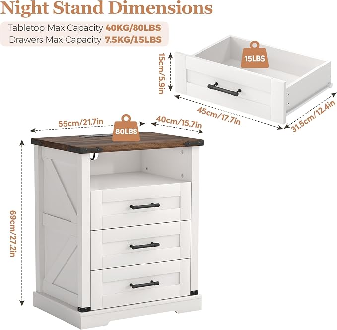 Turosur Night Stand with Charging Station 22" Large Farmhouse Nightstands with - Image 2