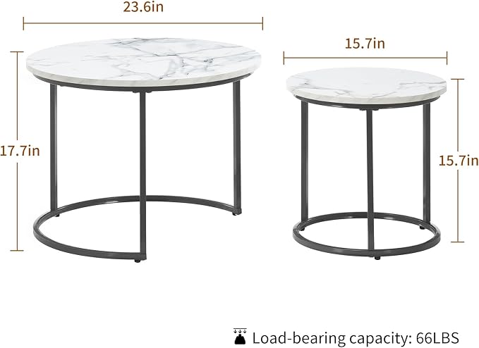 Round Nesting Coffee Table Set of 2, Modern Marble Pattern Wooden Nesting Tables - Image 2