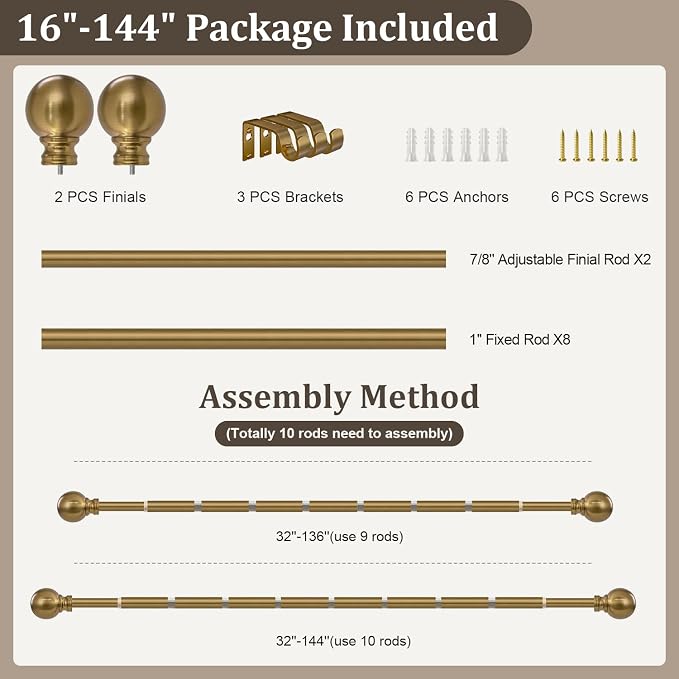 Warm Gold Curtain Rods for Windows 72 to144 Inch Brass Extra Long Heavy Duty - Image 9