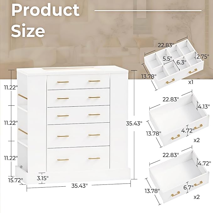 Drawer Dresser with LED Lights and Open Shelves, Modern Tempered Glass Top - Image 2