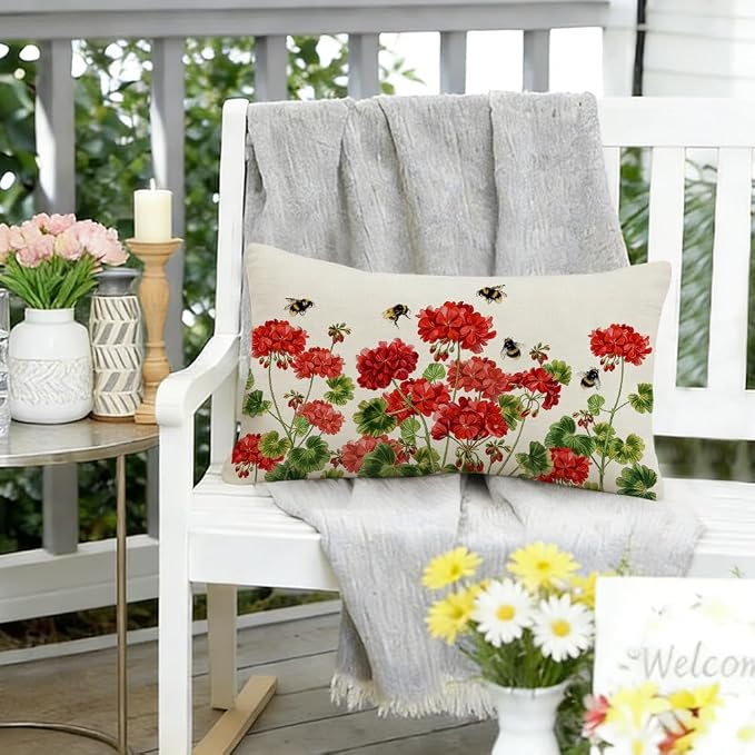 RABUSOFA Spring Summer Outdoor Geranium Pillow Cover Waterproof 12x20 - Image 6