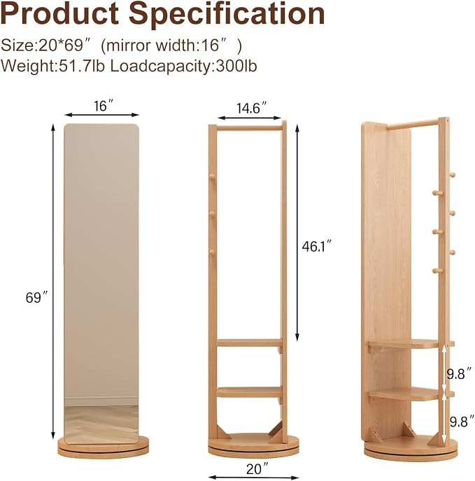 WoodsWhisper Full Length Mirror Coat Rack Solid Wood Floor Mirror 70"x16" Full - Image 2