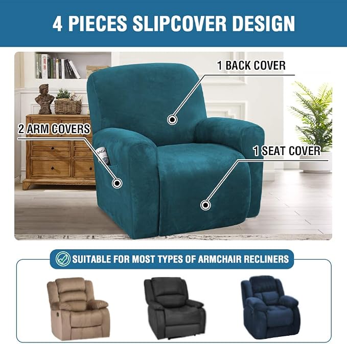 H.VERSAILTEX Velvet Stretch Recliner Couch Covers 4-Pieces Style Recliner Chair - Image 2