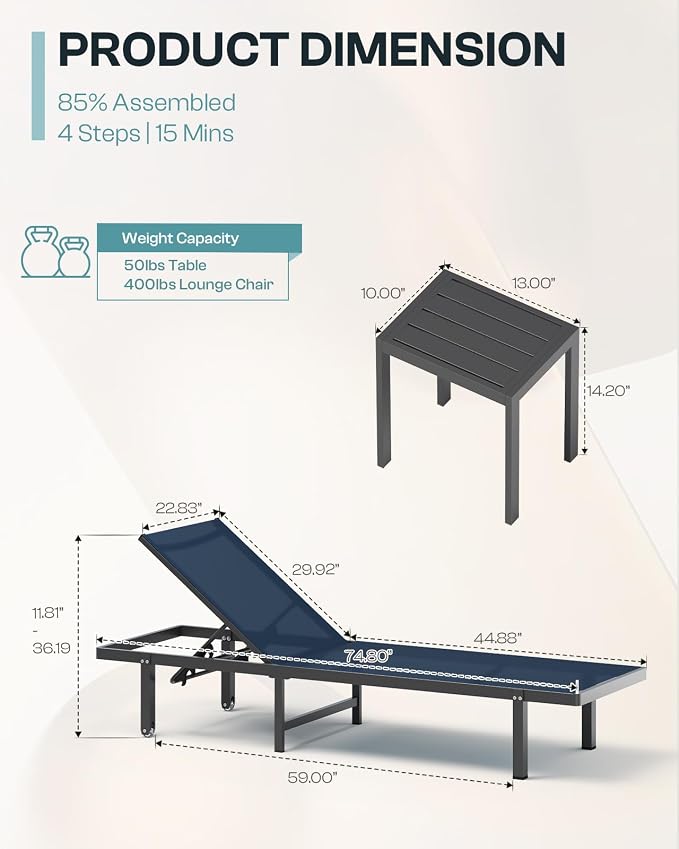 Lounge Chair Outdoor with Wheels, Aluminum Patio Chaise Lounge Chair with 5 - Image 3