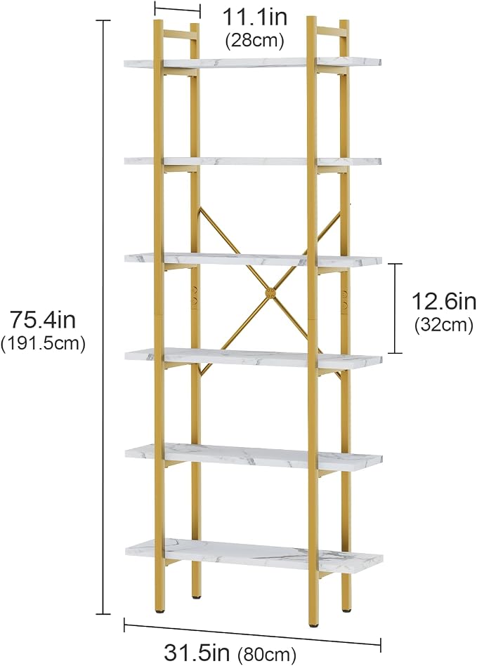 6 Tiers Bookshelf Organizer White Faux Marble Shelf, Modern Open Display - Image 2