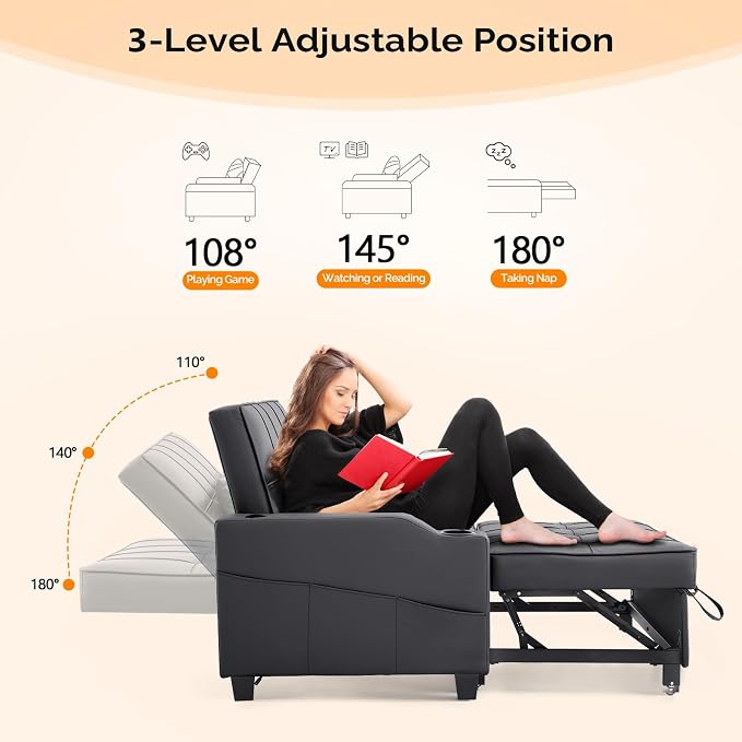 VINGLI Black Futon Sofa Bed Convertible Loveseat Sleeper Couch, Faux Leather - Image 5