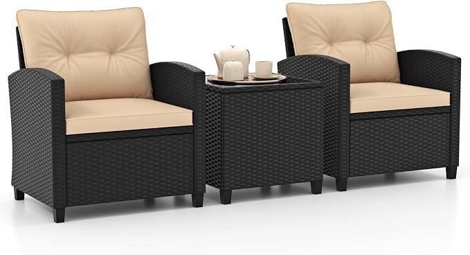 HAPPYGRILL 3 Pieces Wicker Patio Conversation Set, PE Rattan Bistro Sofa Set by HAPPYGRILL