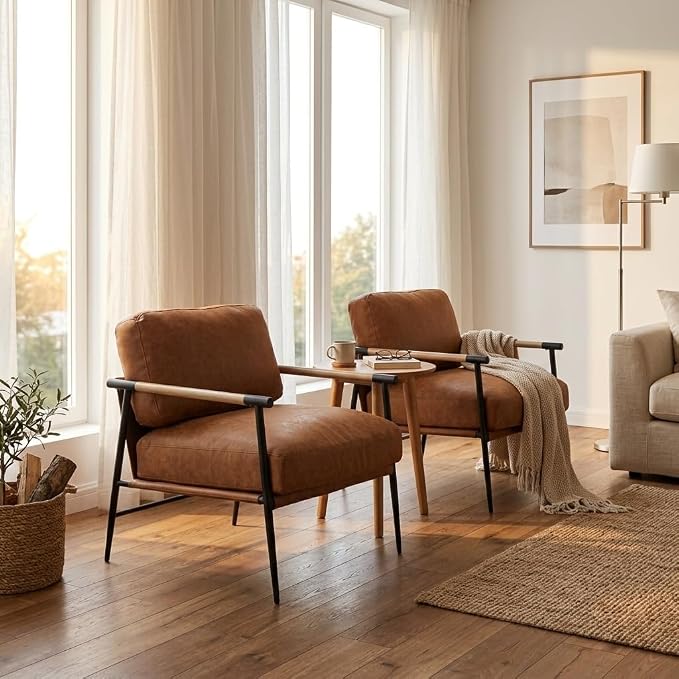 Ya-Home Mid-Century Accent Chair Set of 2, Soft Armchair PU Leather Lounge Chair - Image 2