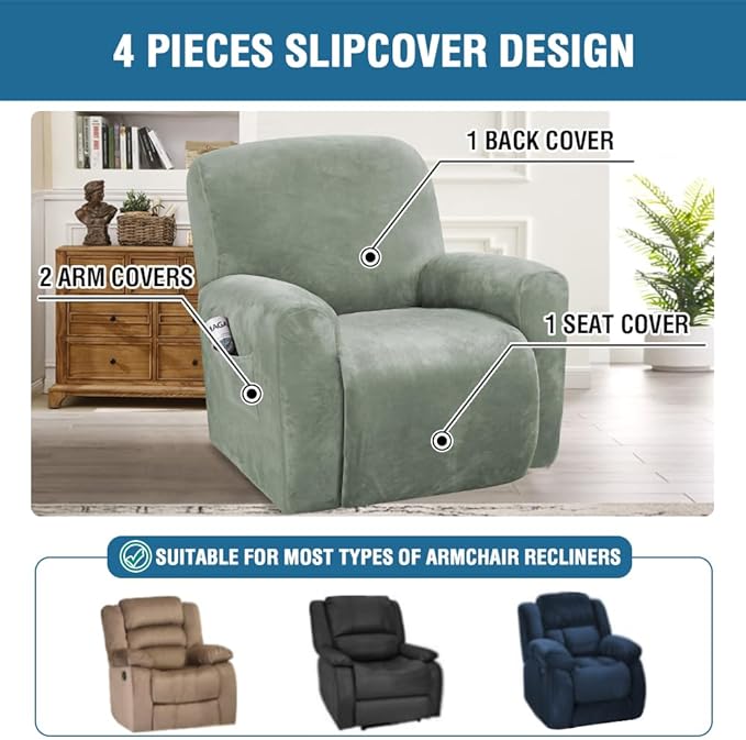 H.VERSAILTEX 4-Pieces Recliner Chair Covers Velvet Stretch Reclining Couch - Image 2