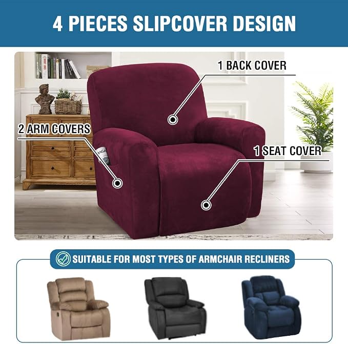 H.VERSAILTEX Velvet Stretch Recliner Couch Covers 4-Pieces Style Recliner Chair - Image 2