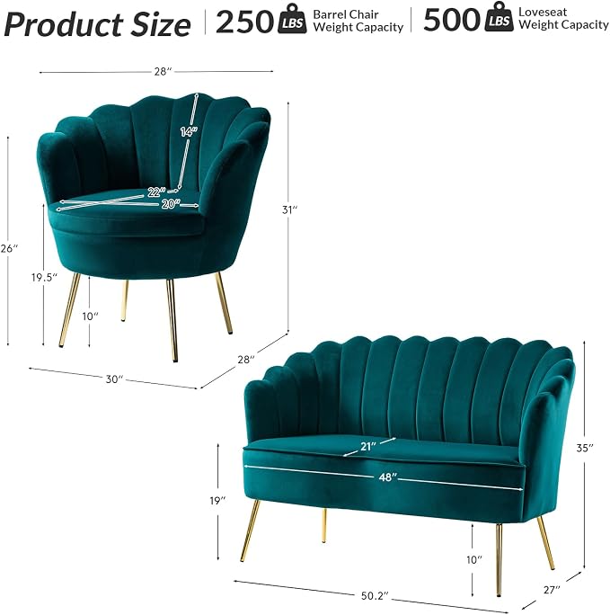 HULALA HOME 3 Piece Velvet Living Room Furniture Set, Including Loveseat & 2 - Image 2