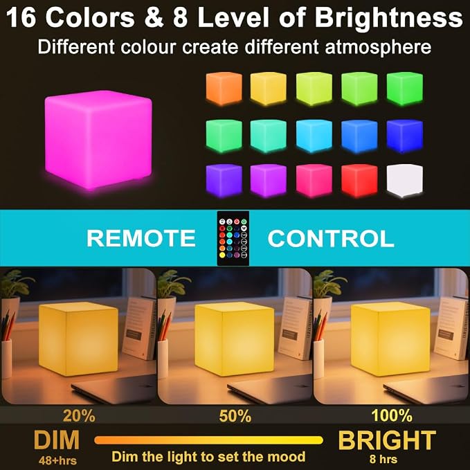 6-in LED Cube Night Light, Rechargeable LED Light Cube w/Remote, Dimmable 16 - Image 2