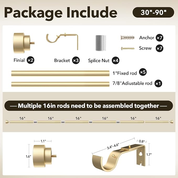 IFELS Heavy Duty Curtain Rods for Windows 48 to 84 Inch, 1 Inch Adjustable Gold - Image 7