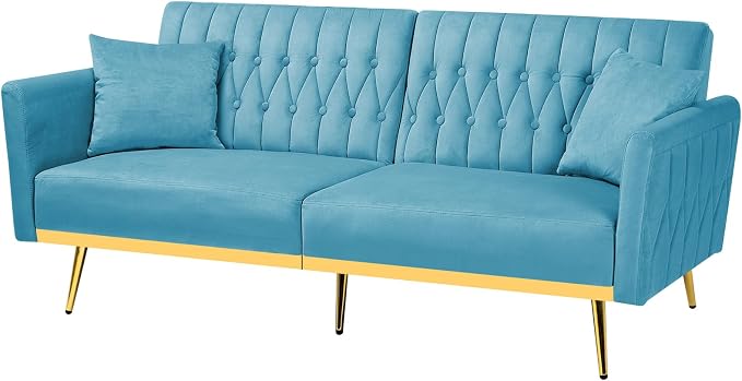 70” Velvet Futon Sofa Bed with 2 Pillows and Adjustable Armrests, Convertible - Image 8