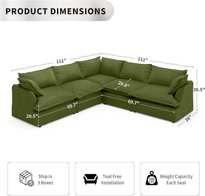 5 Seat V Shape Modular Sectional Couch Sofa - Image 2