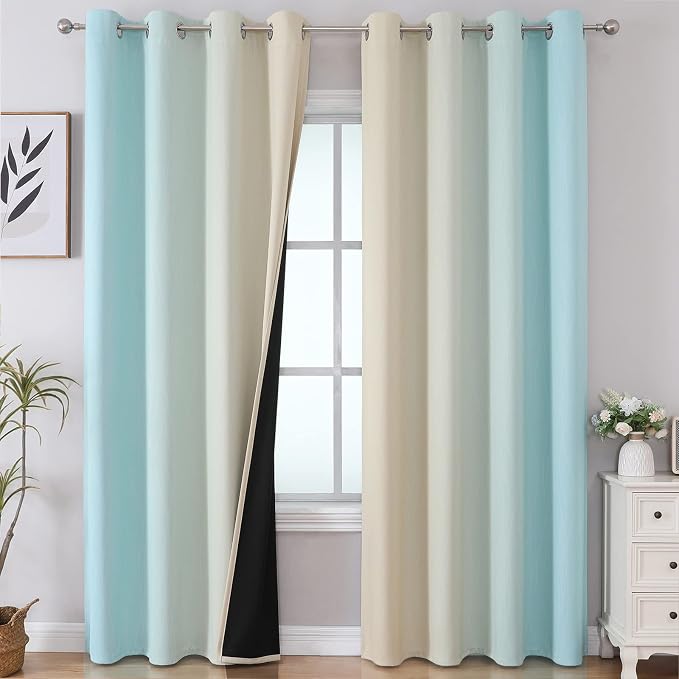 Estelar Textiler Aqua and Beige Blackout Curtains 102 Inch Length 2 Panels Set by ESTELARTEXTILER