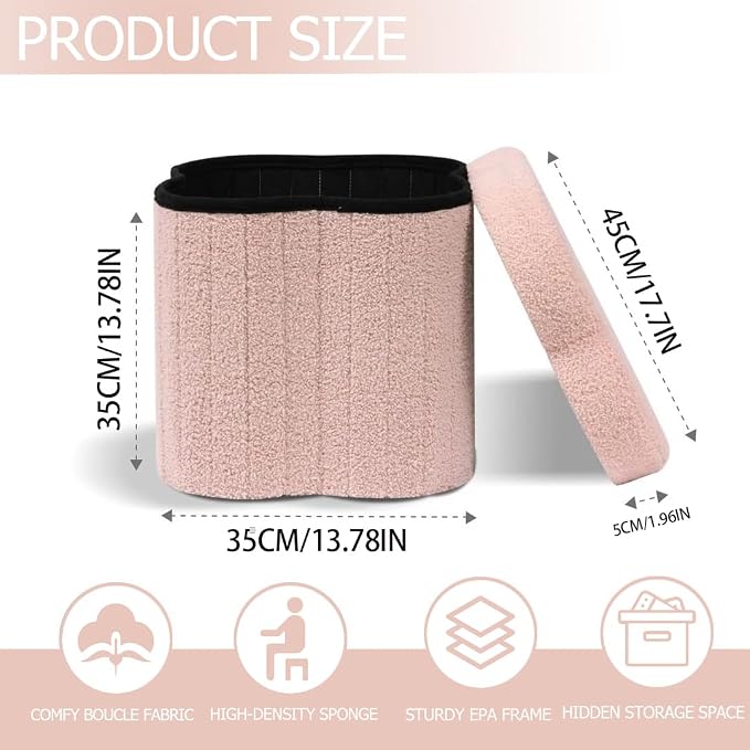 Boucle Storage Ottoman Cube, 13.8" Flower-Shaped Footstool - Image 3