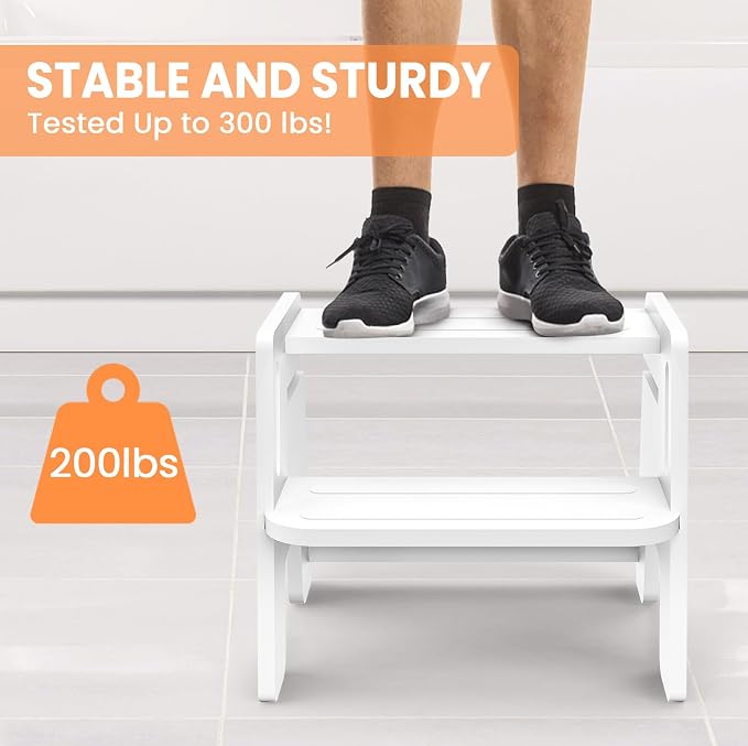 Toddler Step Stool, Wooden Height-Adjustable 2-Step Stool - Image 4