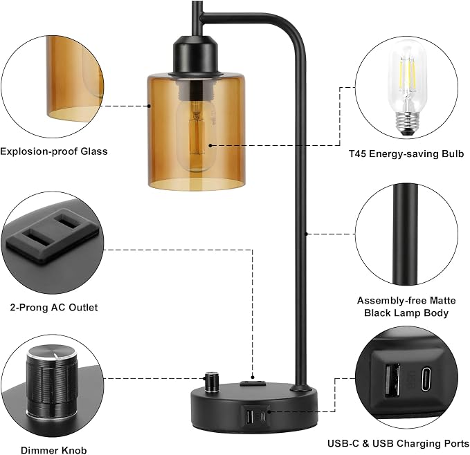 Industrial Bedside Lamps for Nightstand Set of 2 - Image 5