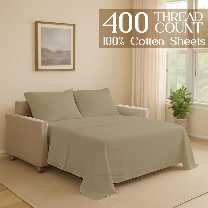 Sleeper Sofa Bed Sheet, 100% Cotton 400 Thread Count, 4 Piece Set, Deep Pocket - Image 2