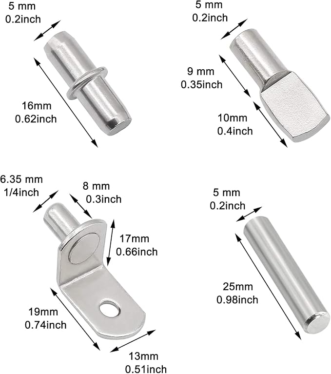 104Pcs Shelf Pins Kit, 4 Styles Nickel Plated Shelf Support Pegs, Bookshelf Pegs - Image 2