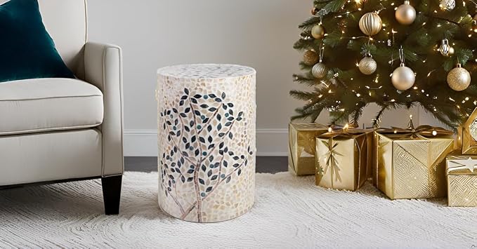 PEMAR Mother of Pearl Cylinder Drum End Table Nacre Side Stool Round Accent - Image 4