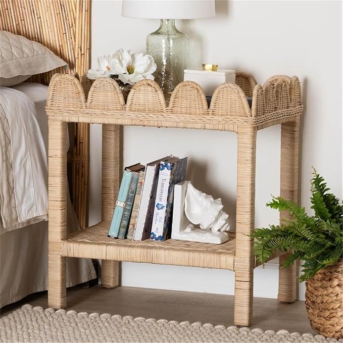 Pemberly Row Bohemian Scallop Side Table, Natural Rattan and Mahogany Wood - Image 2