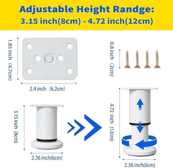 6 Pcs Adjustable Height Furniture Support Legs 3.15-4.72 inch, Metal Heavy Duty - Image 2