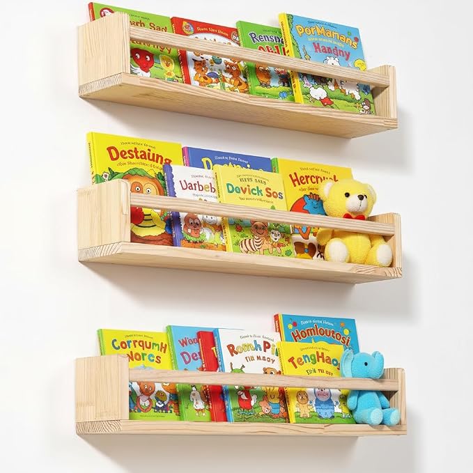 AZSKY 24 Inch Natural Pine Wood Floating Shelves, Nursery Book Shelves by AZSKYMakeyourlifebetter