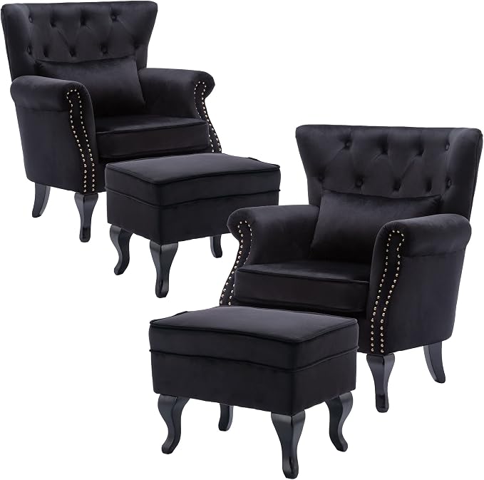 Accent Chairs with Ottoman Set of 2 Velvet Wingback Club Chair Upholstered by DMFurniture