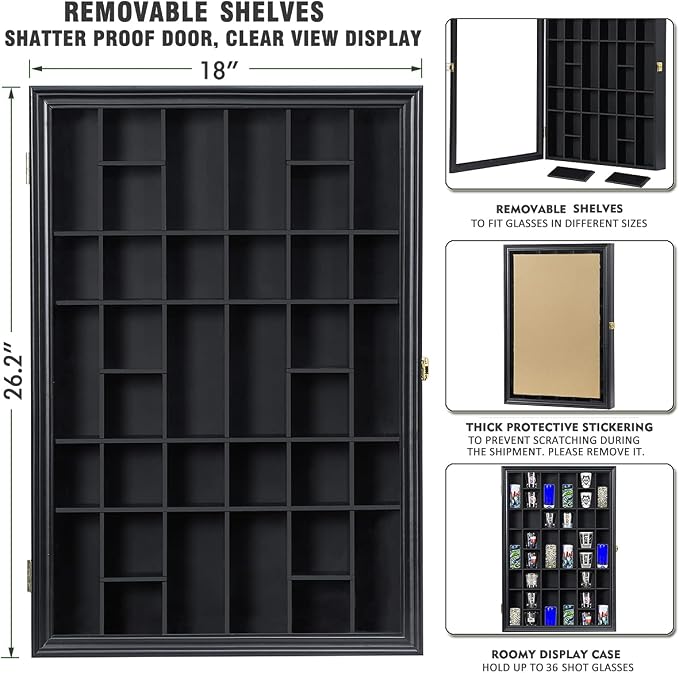 Shot Glass Display Case Wooden Cabinet Rack Holder Wall Mounted Black Shadow - Image 2