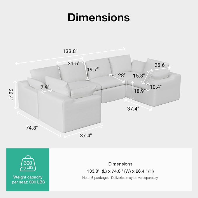Novilla 133.8" Modular Cloud Couch, Modern Sectional Sofa - Image 2