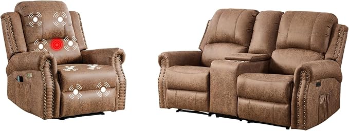 EBELLO 2-Piece Manual Recliner Sofa Set, Faux Leather Message Single Recliner - Image 9