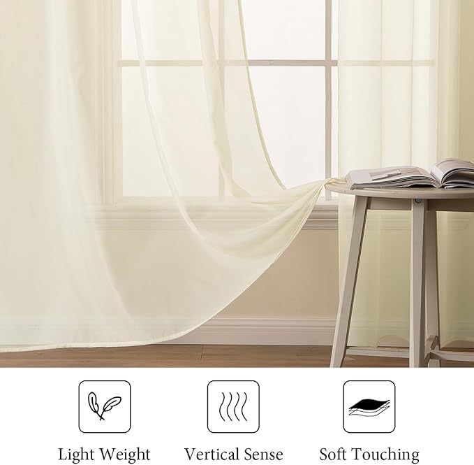 MIULEE Light Cream Sheer Curtains 90 inches Long Window Curtains 2 Panels Solid - Image 4