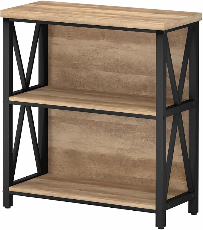 FATORRI Small Bookcase, Wood and Metal Low Short Bookshelf, Industrial Book - Image 9