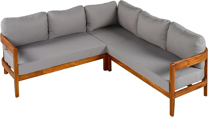 VilroCaz Outdoor Patio Furniture Set, L-Shaped Acacia Wood Sectional Sofa - Image 5