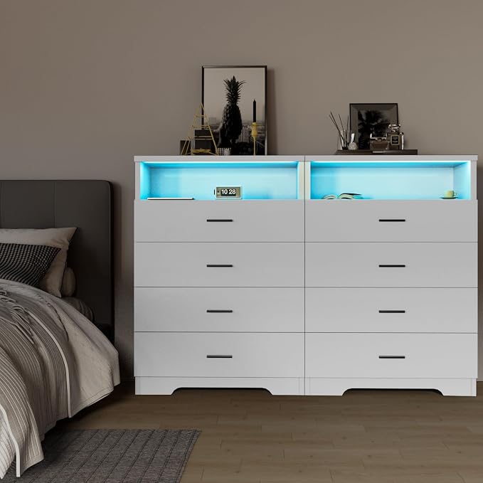 FJTJBSI Dresser with Power Outlets and LED Lights Wooden 4 Drawer Dresser with - Image 7