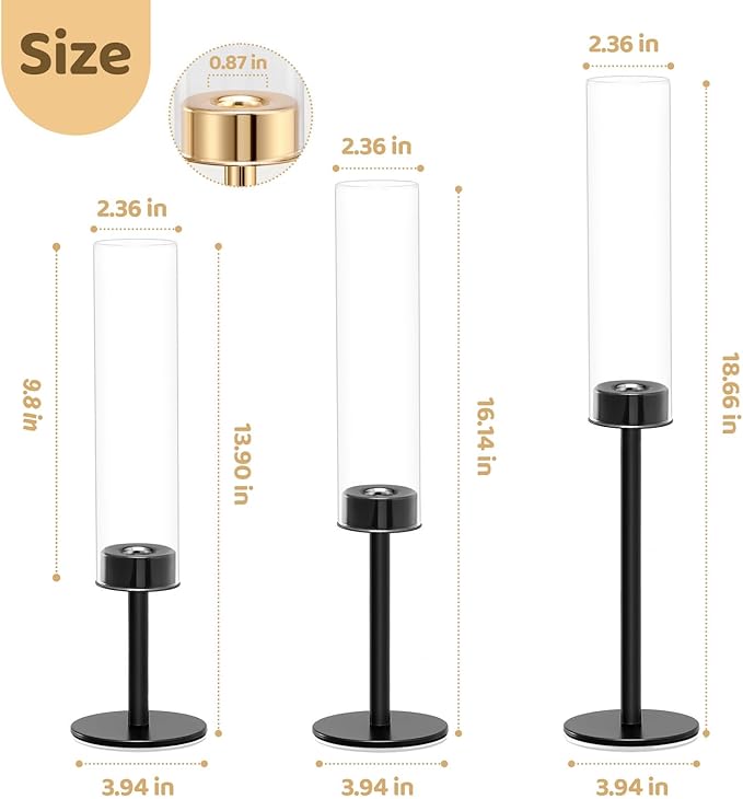 Black Hurricane Glass Candle Holders Set of 6, Tall Metal Taper Candle Stick - Image 2